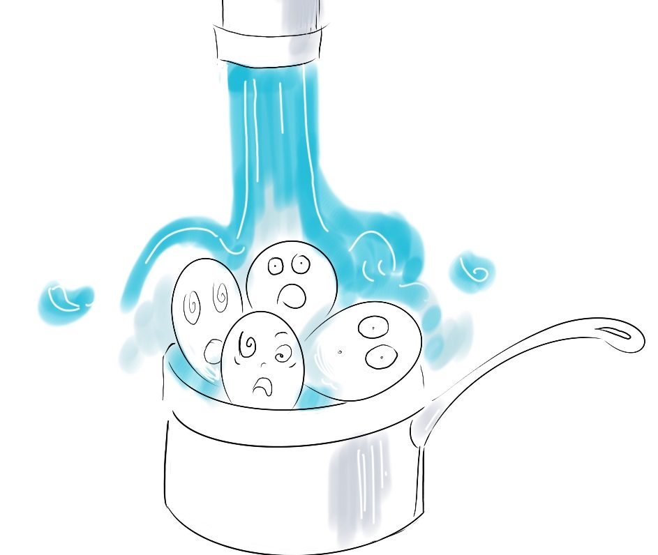 drawing of startled-looking eggs in pot as cold water is poured over them