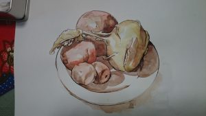 Finished watercolour and ink painting of tomatoes and kohlrabi on a white plate