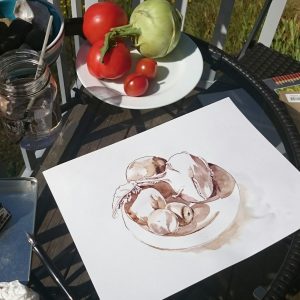 Sepia drawing/painting in ink of kholrabi and tomatoes on a white plate with subject.
