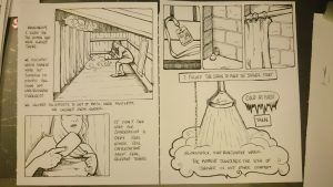 Two completed comic book pages from comic book about shower at a music festival