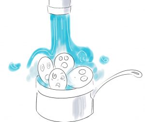 cold water (blue) being poured on eggs that have startled faces